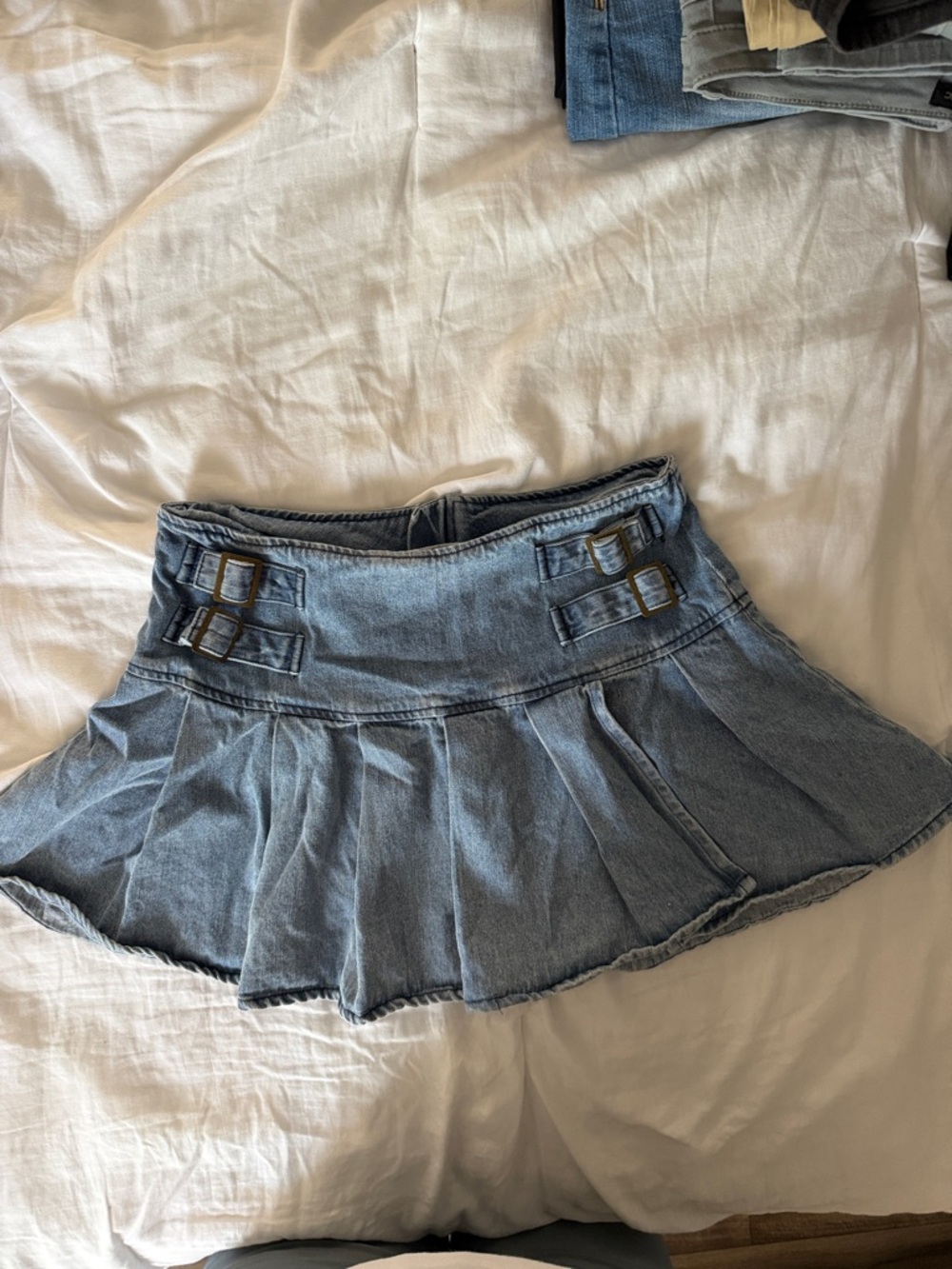 Windsor Light Blue Denim Pleated Mini Skirt with Buckles